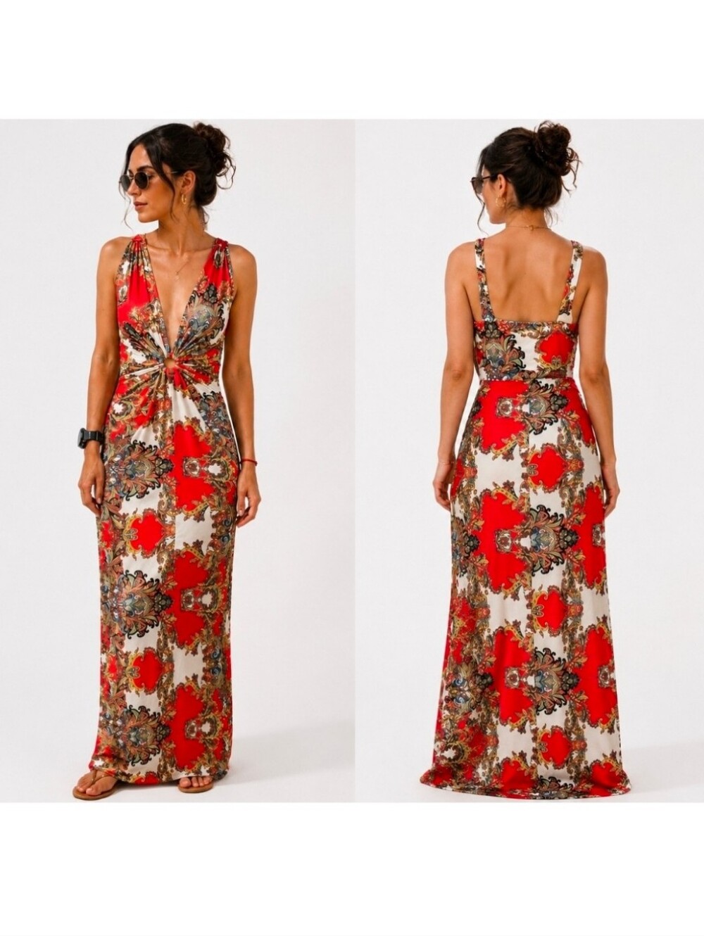 Carina Red White Baroque Print Jersey Maxi Dress